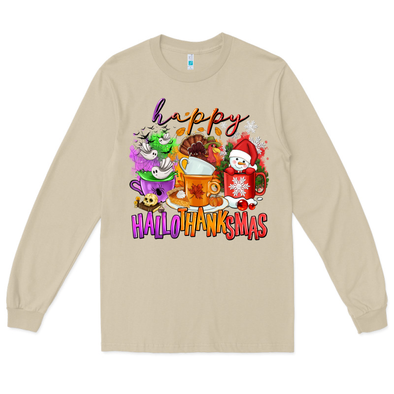 Happy Hallothanksmas Coffee Cups Long Sleeve Tee by NancyCooperArtShop | Teevron