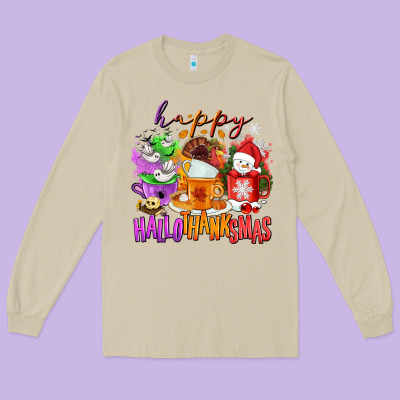 Happy Hallothanksmas Coffee Cups Long Sleeve Tee Designed By Nancycooperartshop
