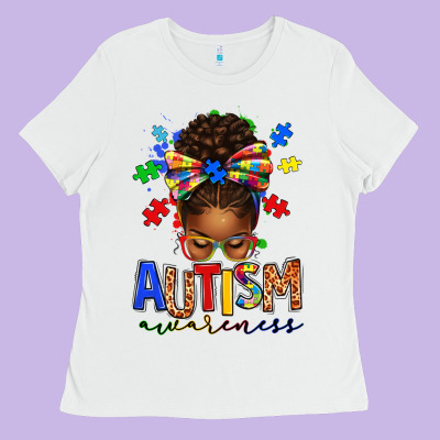 Autism Awareness Afro Messy Bun Ladies Tee Designed By Texasbilliewilder