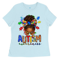 Baby Blue autism awareness afro messy bun Ladies Tee - texasbilliewilder
