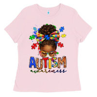 Bubblegum Pink autism awareness afro messy bun Ladies Tee - texasbilliewilder