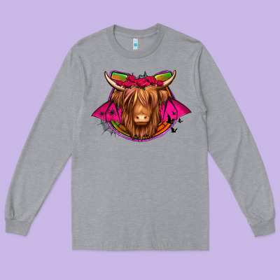 Halloween Highland Cow Horseshoe Long Sleeve Tee Designed By Jasminsmagicworld