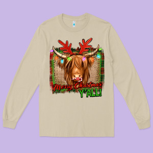 Merry Christmas Y'all Highland Cow Long Sleeve Tee Designed By Jasminsmagicworld