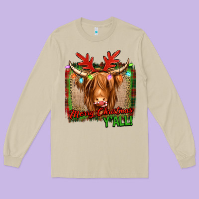 Merry Christmas Y'all Highland Cow Long Sleeve Tee Designed By Jasminsmagicworld