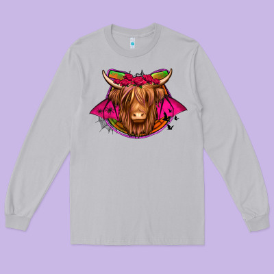 Halloween Highland Cow Horseshoe Long Sleeve Tee Designed By Jasminsmagicworld