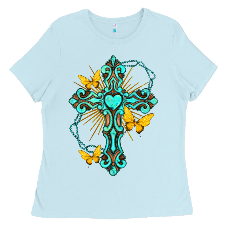 Cross With Heart Shaped Gemstone And Butterfly Ladies Tee by texasbilliewilder | Teevron