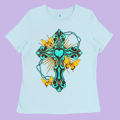 Cross With Heart Shaped Gemstone And Butterfly Ladies Tee Designed By Texasbilliewilder