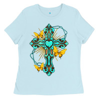 Baby Blue cross with heart shaped gemstone and butterfly Ladies Tee - texasbilliewilder