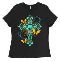 Black cross with heart shaped gemstone and butterfly Ladies Tee - texasbilliewilder