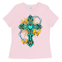 Bubblegum Pink cross with heart shaped gemstone and butterfly Ladies Tee - texasbilliewilder