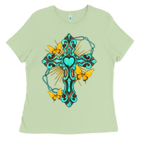 Matcha cross with heart shaped gemstone and butterfly Ladies Tee - texasbilliewilder