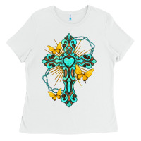 White cross with heart shaped gemstone and butterfly Ladies Tee - texasbilliewilder