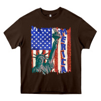 Chocolate Brown usa flag with statue of liberty Heavy Core Tee - texasbilliewilder