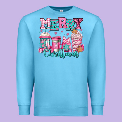 Merry Christmas Pink Coffee Cups Premium Sweatshirt Designed By Jasminsmagicworld