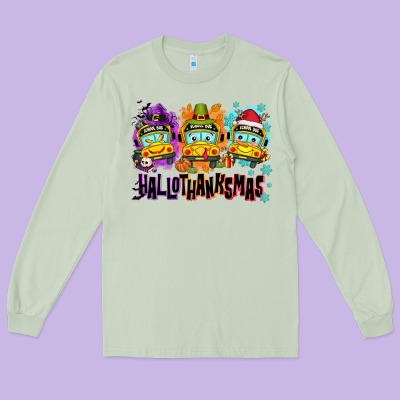 Happy Hallothanksmas School Bus Long Sleeve Tee Designed By Nancycooperartshop