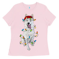 Bubblegum Pink Christmas White Shepherd With Christmas Lights Ladies Tee - RanaPortraitStore