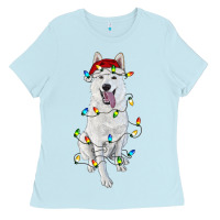 Baby Blue Christmas White Shepherd With Christmas Lights Ladies Tee - RanaPortraitStore