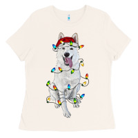 Bone Christmas White Shepherd With Christmas Lights Ladies Tee - RanaPortraitStore
