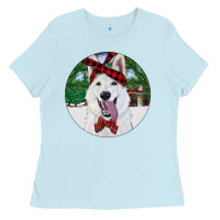Baby Blue Christmas White Shepherd With Cowhide Ladies Tee - RanaPortraitStore