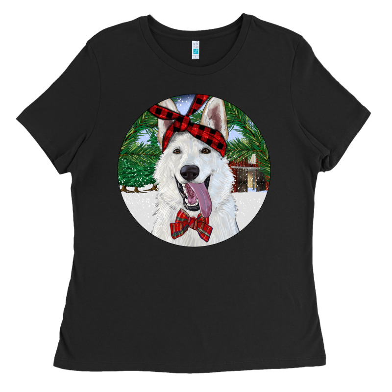 Christmas White Shepherd With Cowhide Ladies Tee by RanaPortraitStore | Teevron