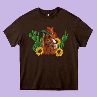 Western Horse Cowboy Hat Cactus Sunflowers Heavy Core Tee Designed By Artiststas