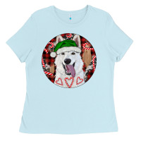 Baby Blue Christmas White Shepherd With Buffalo Plaid Ladies Tee - RanaPortraitStore