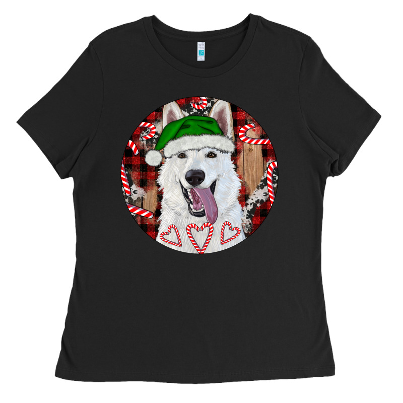 Christmas White Shepherd With Buffalo Plaid Ladies Tee by RanaPortraitStore | Teevron