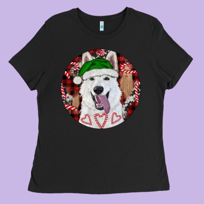 Ladies Tee Christmas White Shepherd With Buffalo Plaid