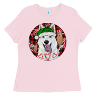 Bubblegum Pink Christmas White Shepherd With Buffalo Plaid Ladies Tee - RanaPortraitStore