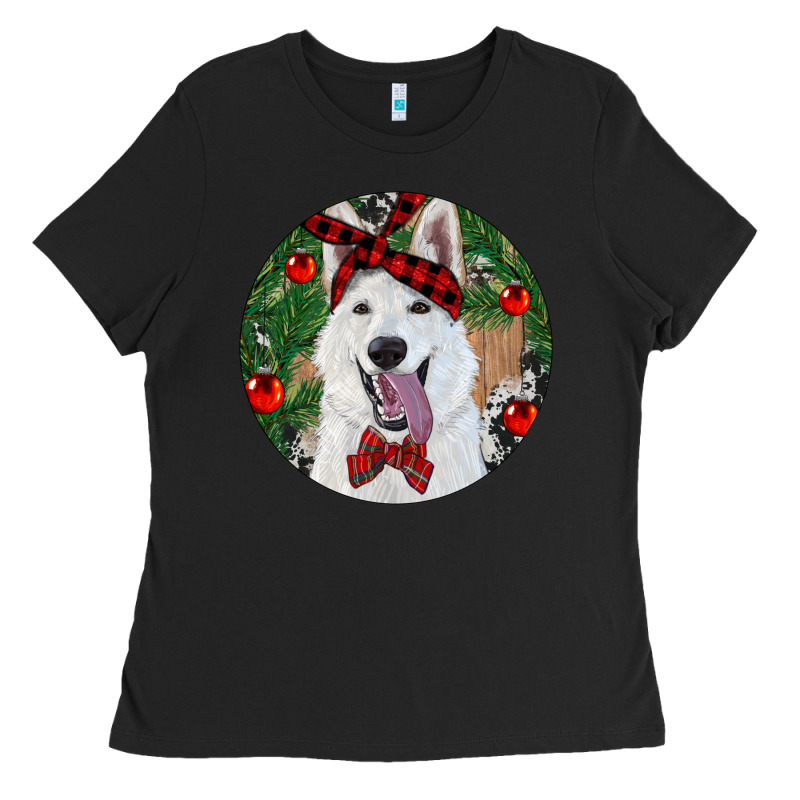 Christmas White Shepherd With Cowhide Ladies Tee by RanaPortraitStore | Teevron