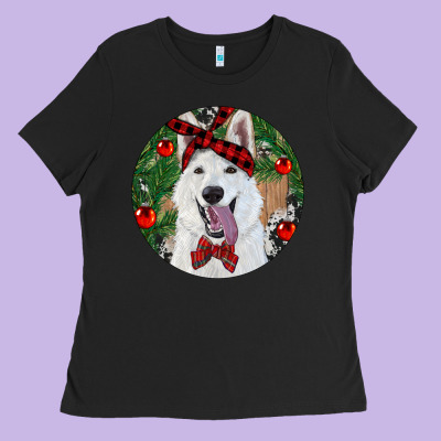 Ladies Tee Christmas White Shepherd With Cowhide