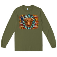 Army Green american flag sunflowers highland cow turquoise background Long Sleeve Tee - Jasminsmagicworld