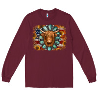 Burgundy american flag sunflowers highland cow turquoise background Long Sleeve Tee - Jasminsmagicworld