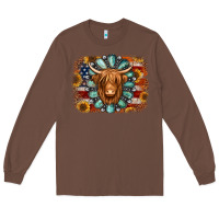 Chestnut american flag sunflowers highland cow turquoise background Long Sleeve Tee - Jasminsmagicworld