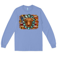 Colony Blue american flag sunflowers highland cow turquoise background Long Sleeve Tee - Jasminsmagicworld