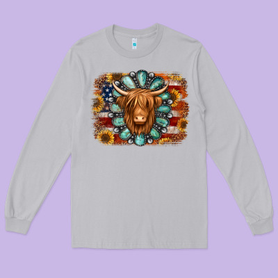 American Flag Sunflowers Highland Cow Turquoise Background Long Sleeve Tee Designed By Jasminsmagicworld
