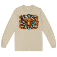 Mushroom american flag sunflowers highland cow turquoise background Long Sleeve Tee - Jasminsmagicworld