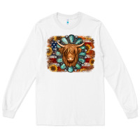 White american flag sunflowers highland cow turquoise background Long Sleeve Tee - Jasminsmagicworld