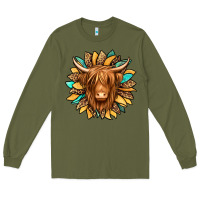 Army Green highland cow turquoise sunflower Long Sleeve Tee - Jasminsmagicworld