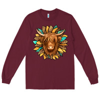 Burgundy highland cow turquoise sunflower Long Sleeve Tee - Jasminsmagicworld