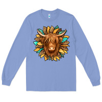 Colony Blue highland cow turquoise sunflower Long Sleeve Tee - Jasminsmagicworld