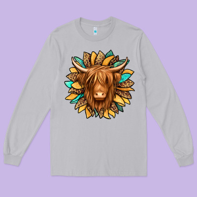 Highland Cow Turquoise Sunflower Long Sleeve Tee Designed By Jasminsmagicworld