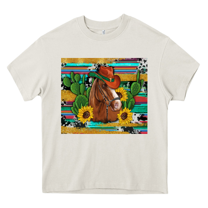 Western Horse Cowboy Hat Cactus Sunflowers Glitter Cowhide Serape Turq Heavy Core Tee by Artiststas | Teevron