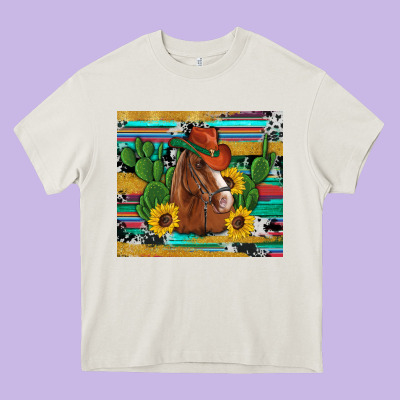 Western Horse Cowboy Hat Cactus Sunflowers Glitter Cowhide Serape Turq Heavy Core Tee Designed By Artiststas