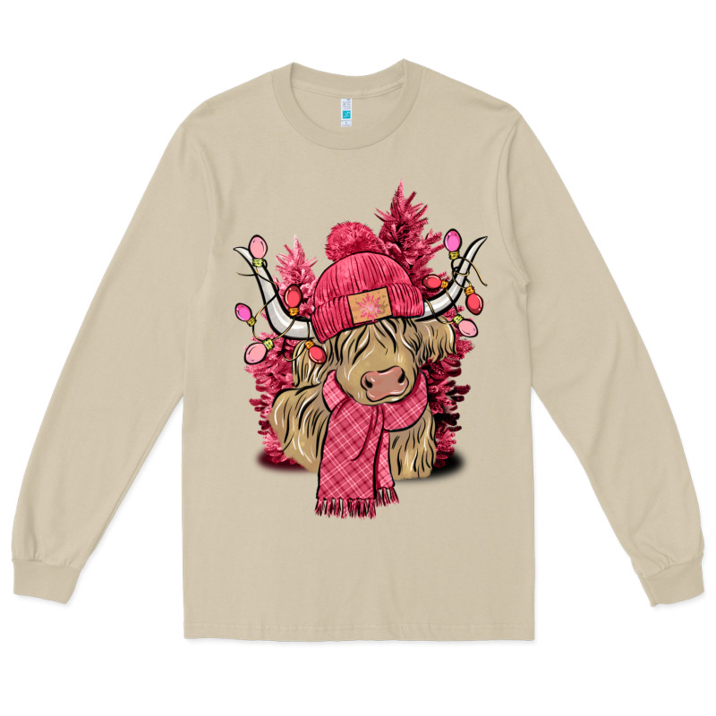 Pink Winter Long Haired Cow Long Sleeve Tee by NancyCooperArtShop | Teevron