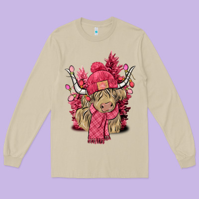 Pink Winter Long Haired Cow Long Sleeve Tee Designed By Nancycooperartshop