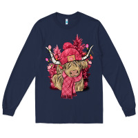 Navy Pink winter long haired Cow Long Sleeve Tee - NancyCooperArtShop