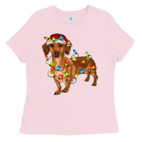 Bubblegum Pink Dachshund Christmas Lights Ladies Tee - RanaPortraitStore