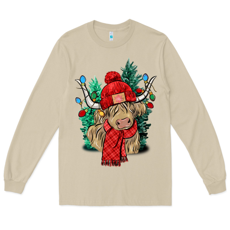 Red Christmas Long Haired Cow Long Sleeve Tee by NancyCooperArtShop | Teevron