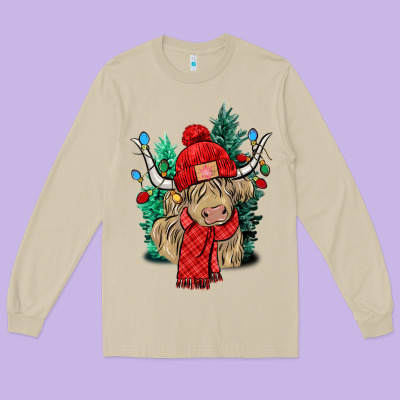 Red Christmas Long Haired Cow Long Sleeve Tee Designed By Nancycooperartshop